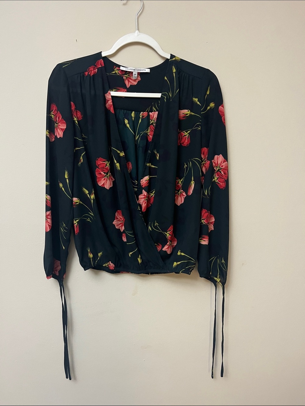 Black/Navy Floral Wrap Top with Pink Blooms